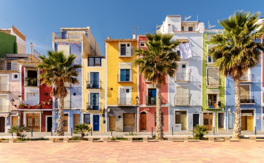 Colorful homes in seaside villa of Villajoyosa in Southern Spain